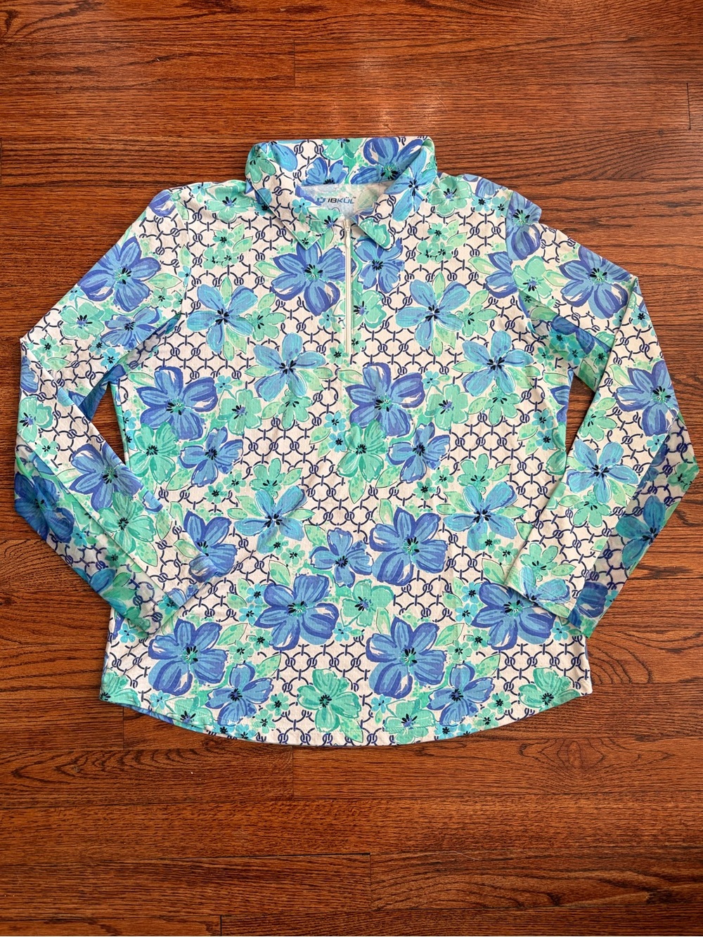 IBKUL Icefil Long Sleeve Sun Shirt: Floral Blues Print Mock SPF 50 1/4 Zip Sz L